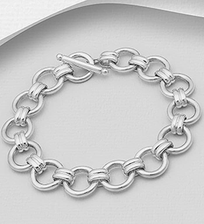 925 Sterling Silver Hand Crafted Solid Round Link Bracelet With T