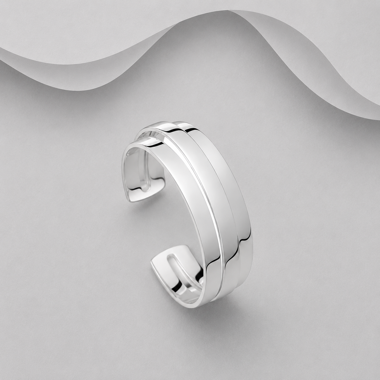 Exclusive Solid 925 Sterling Silver Polished Cuff Bangle with Raised Canter Section
