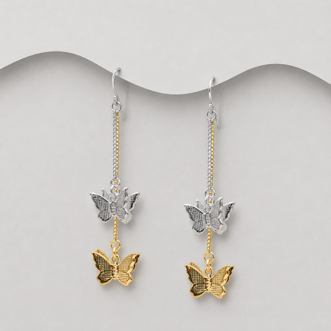 925 Sterling Silver & 18ct Yellow Gold Two Tone Butterfly Drop Earrings