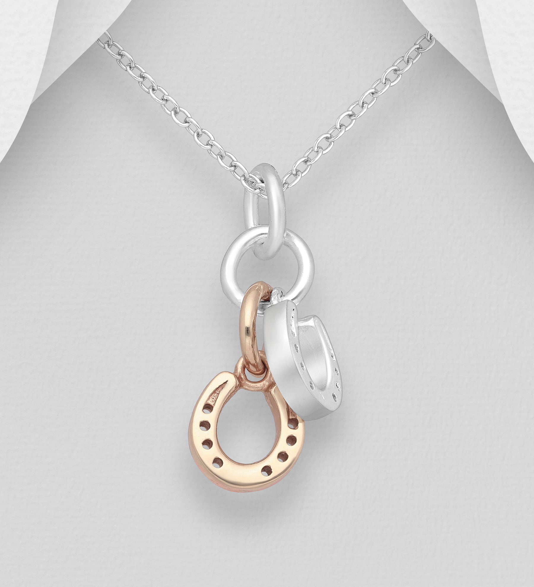 925 Sterling Silver Double Horseshoe Charm Pendant & Chain  — 1 18ct Rose Gold
