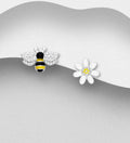925 Sterling Silver Bee & Daisy Flower Mismatched Stud Earrings | Enamel & CZ