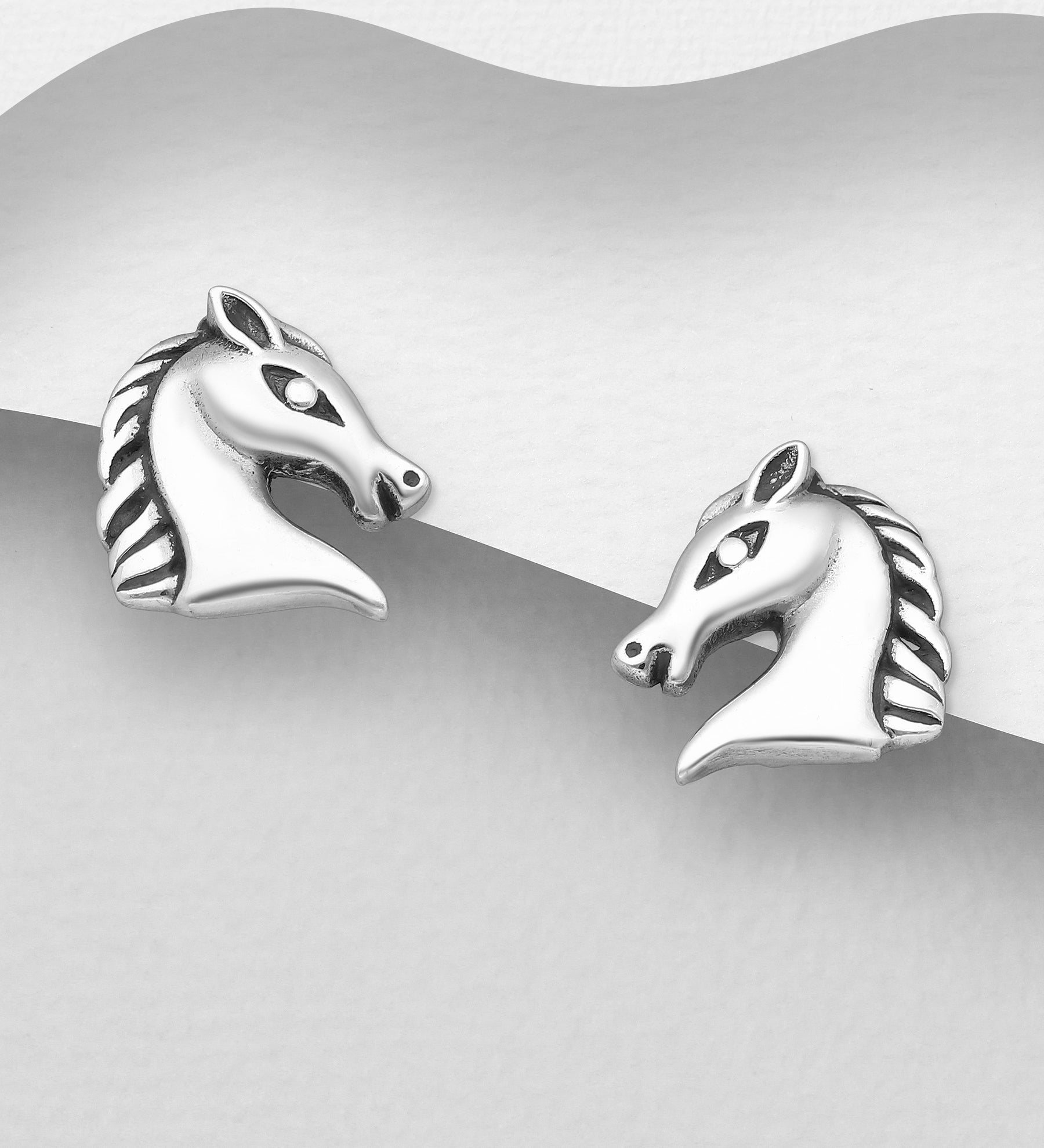 925 Sterling Silver Oxidised Horse Head Stud Earrings