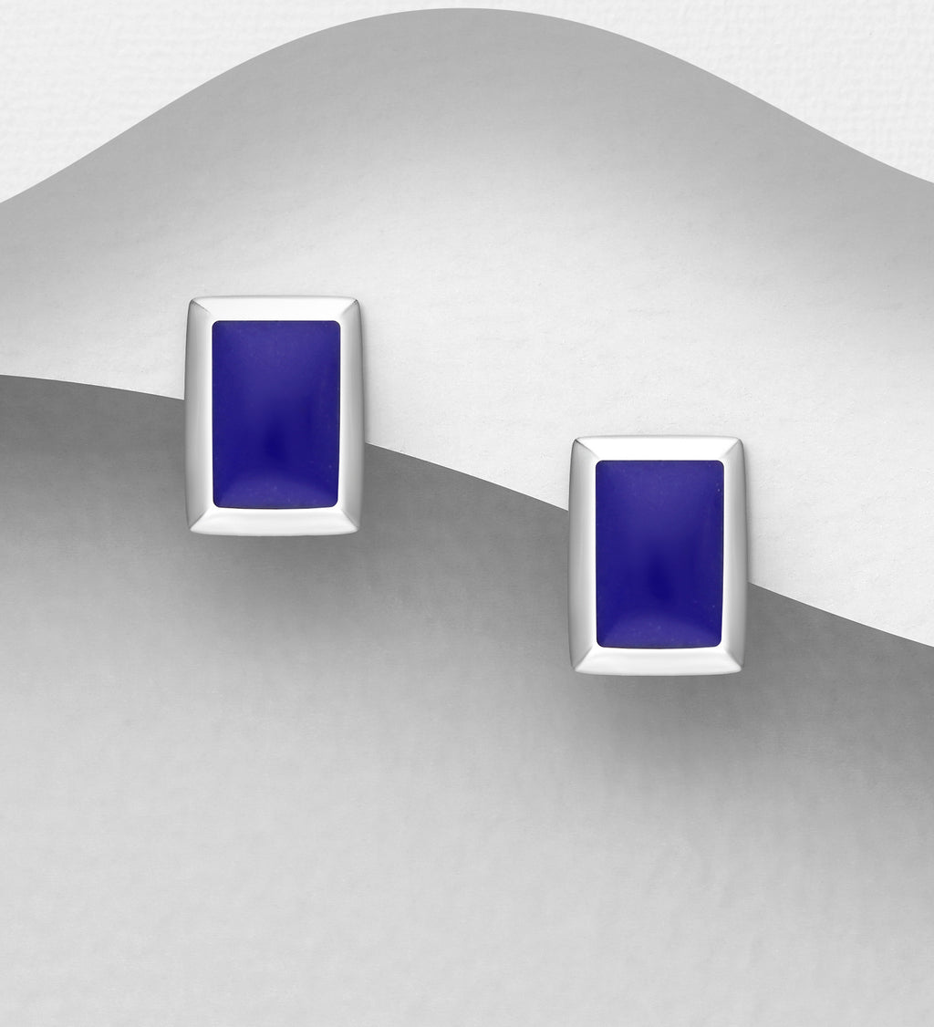 925 Sterling Silver Rectangle Push-Back Earrings, Decorated with Turquoise (Light Green) or Navy Blue   Resin