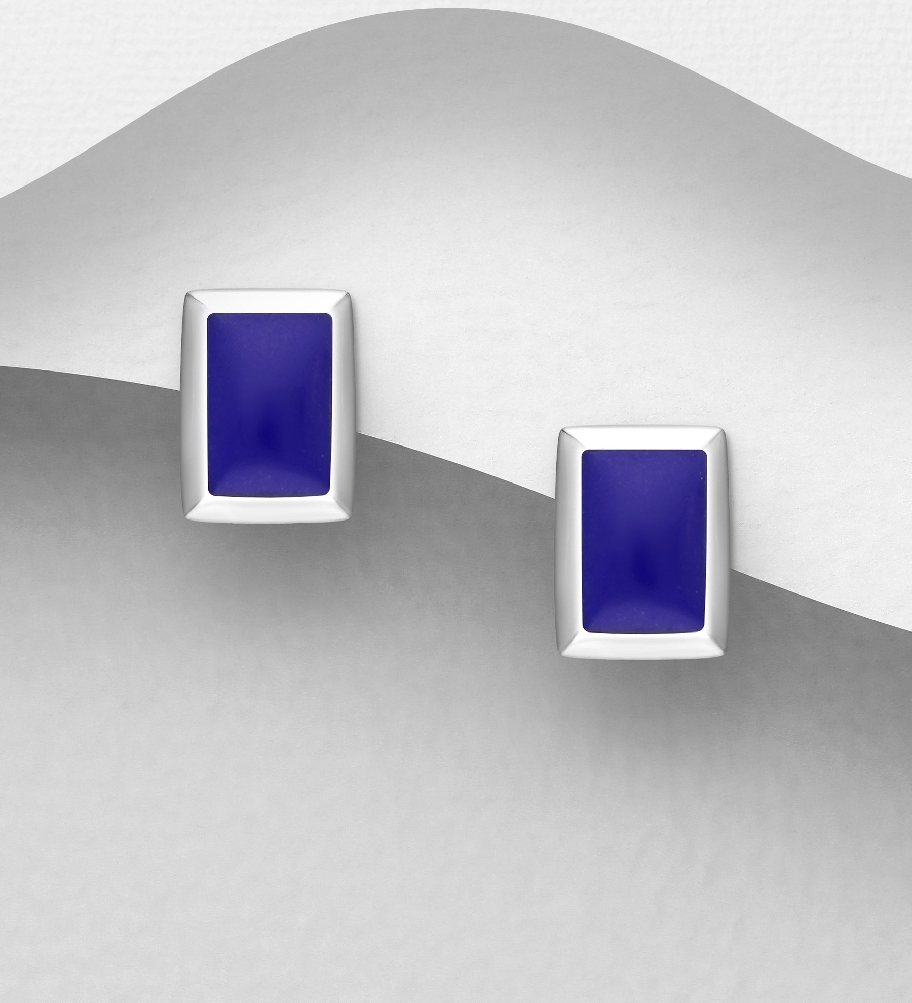 925 Sterling Silver Rectangle Push-Back Earrings, Decorated with Turquoise (Light Green) or Navy Blue   Resin