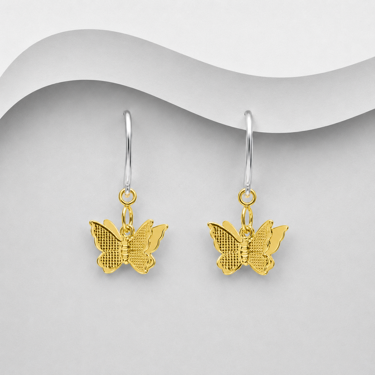 925 Sterling Silver Two Tone Butterfly Drop/Hook Earrings