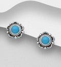 925 Sterling Silver Oxidised Flower Push-Back Earrings with Turquoise Resin