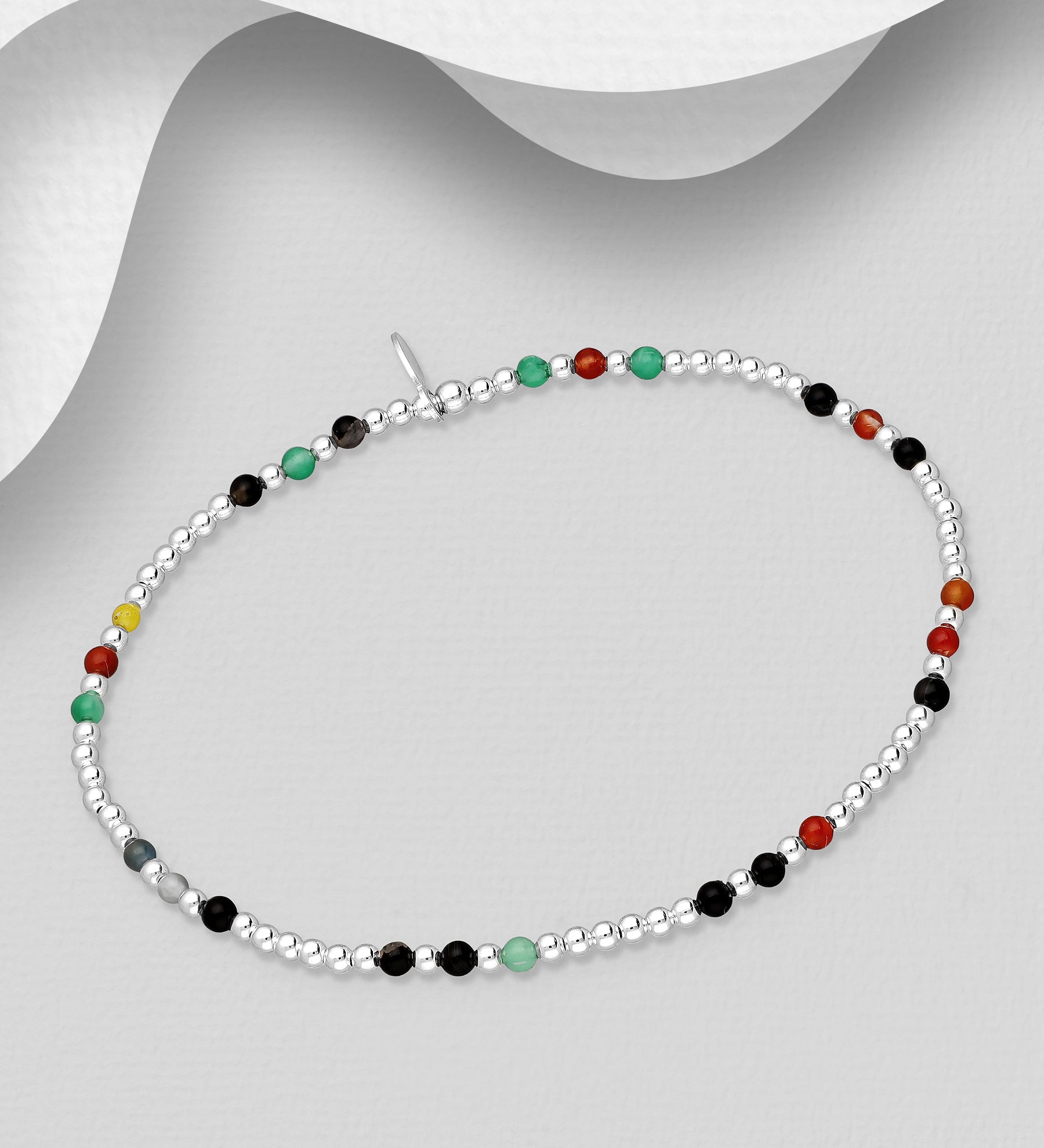 925 Sterling Silver & Mixed Gemstone Beaded Elastic Bracelet
