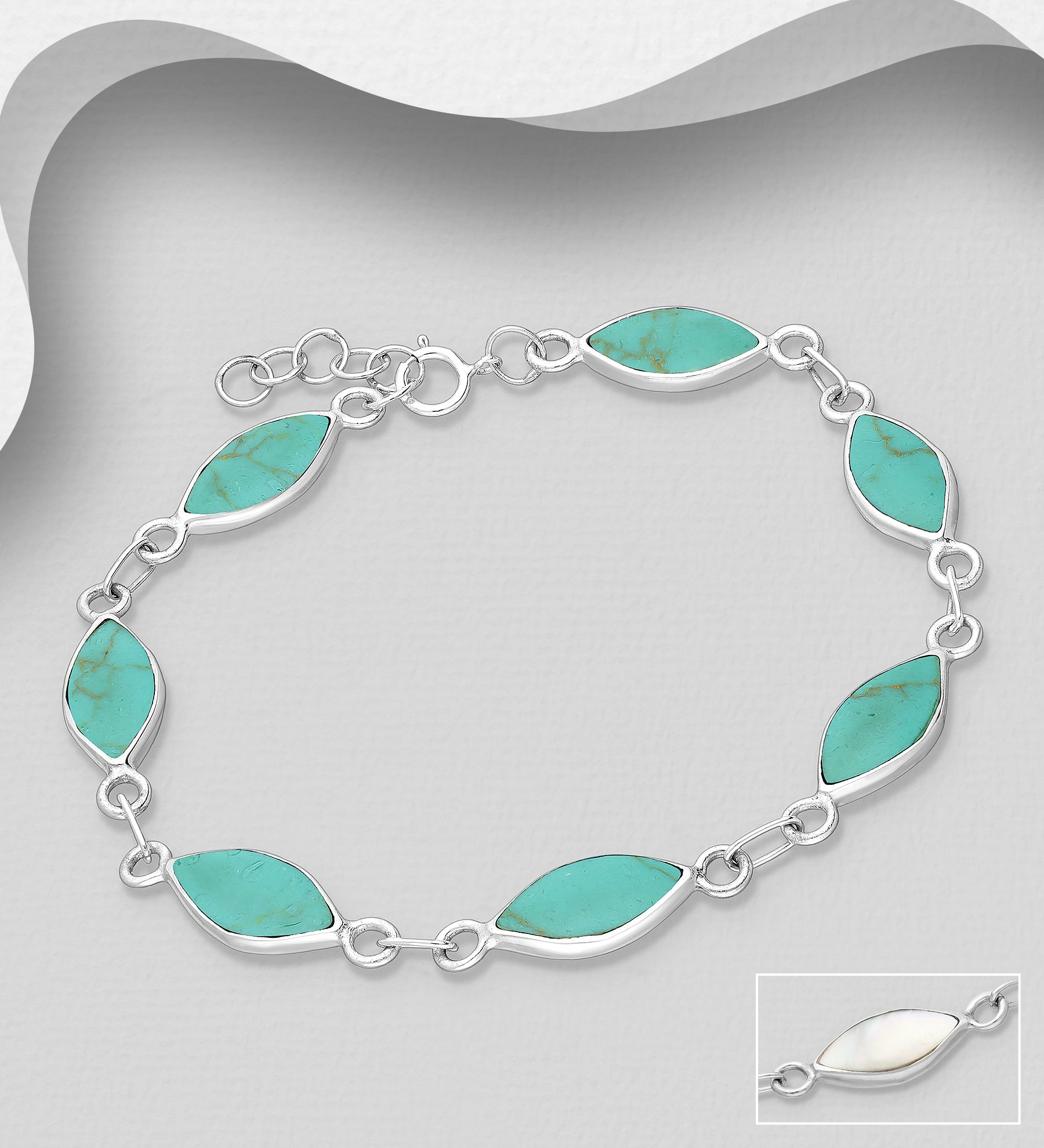 925 Sterling Silver Mother of Pearl & Turquoise Resin Bracelet