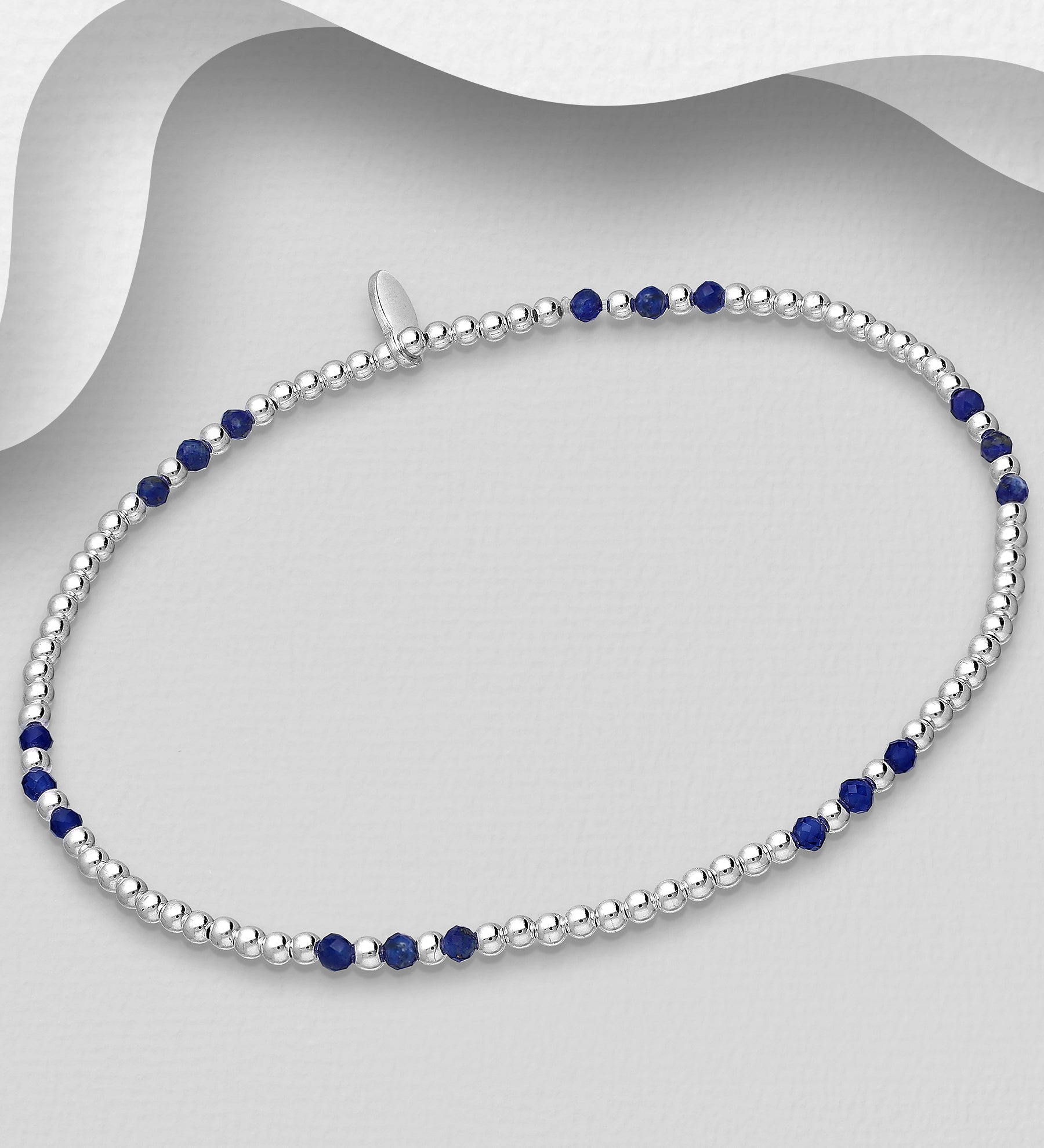 925 Sterling Silver Elastic Bracelet Beaded with Lapis Lazuli