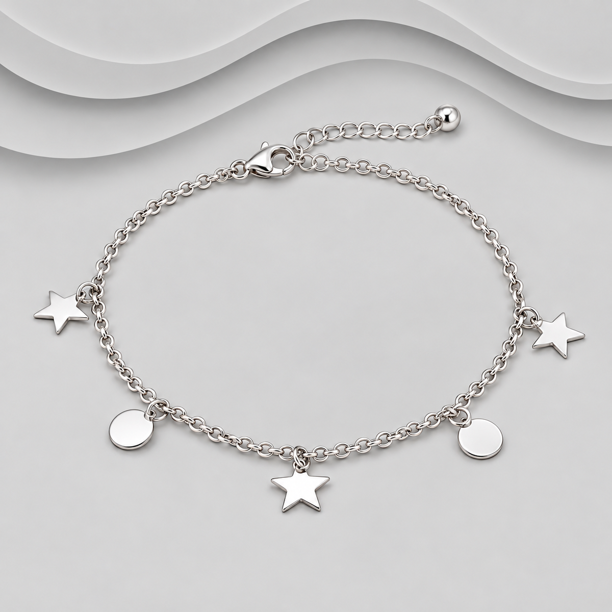 925 Sterling Silver Star & Round Disc Charm Bracelet