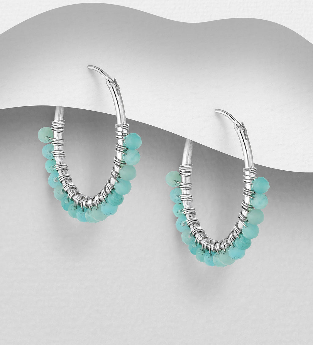 925 Sterling Silver Gemstone Bead Hoop Earrings