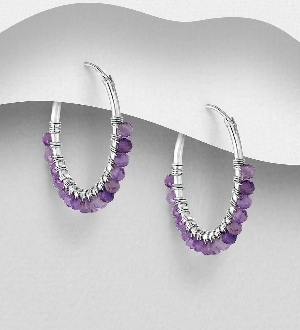 925 Sterling Silver Gemstone Bead Hoop Earrings