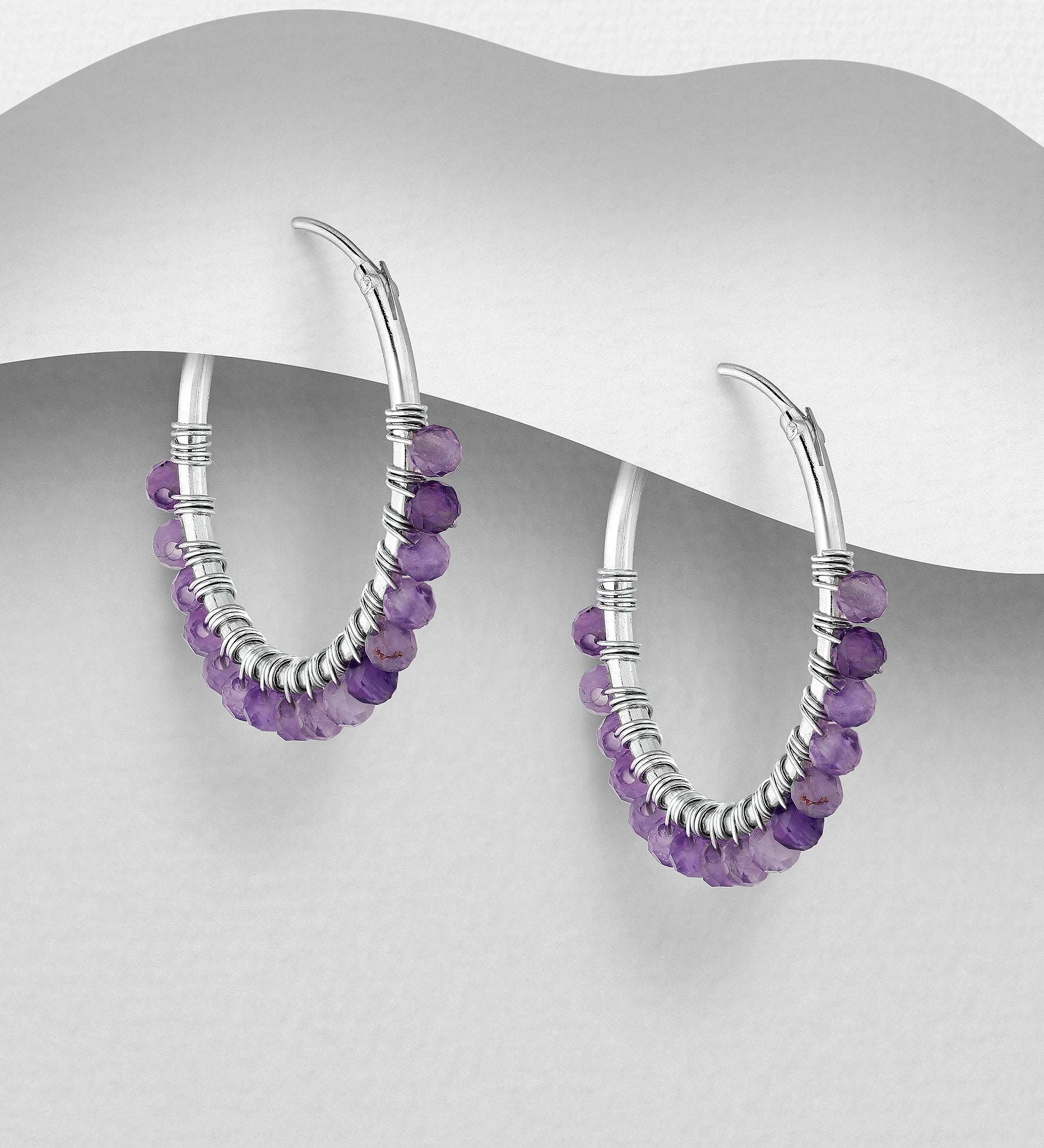 925 Sterling Silver Gemstone Bead Hoop Earrings