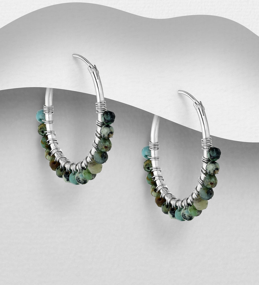 925 Sterling Silver Gemstone Bead Hoop Earrings