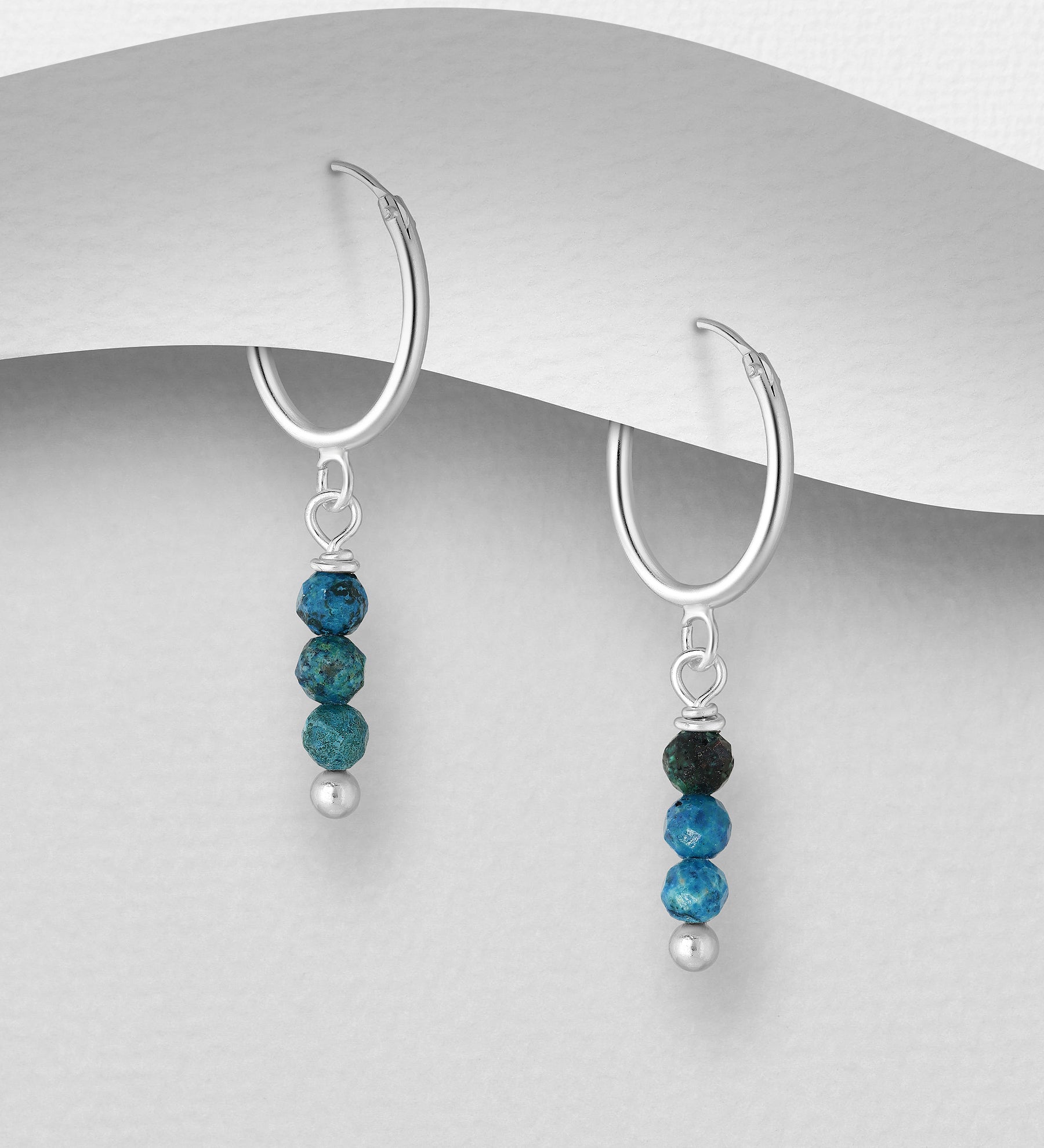 925 Sterling Silver Hoop Earrings, Decorated with Chysocolla Gemstones