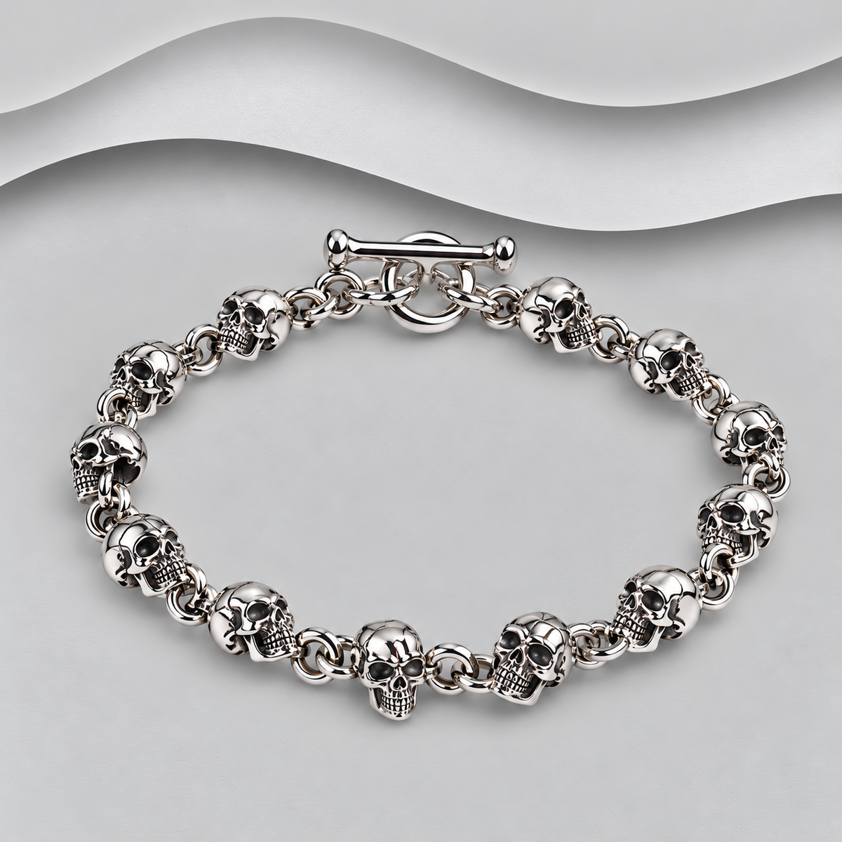 Handcrafted Solid 925 Sterling Silver Skull Bracelet with T-Bar Clasp