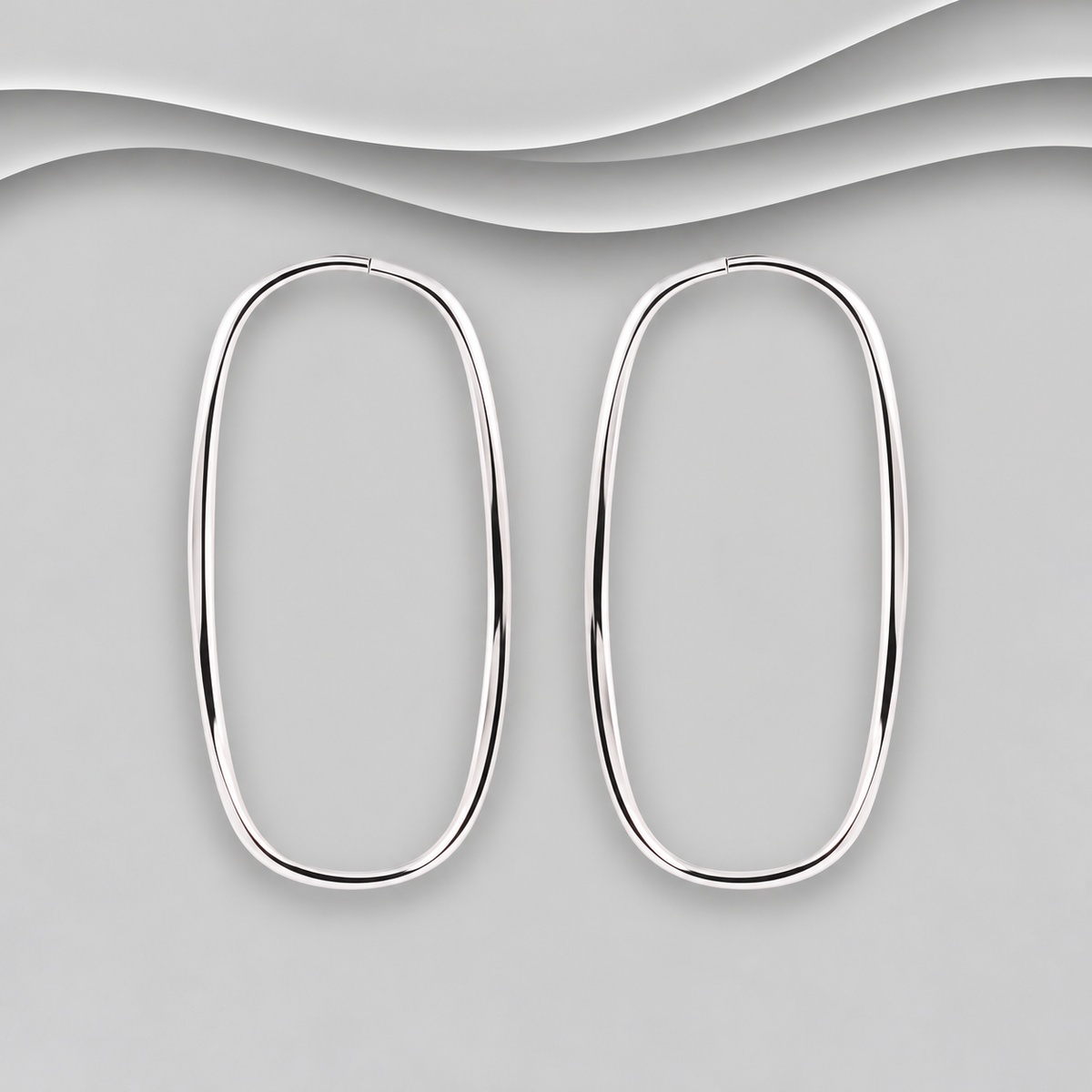 925 Sterling Silver Contemporary Oval Long Hoop Earrings - Exclusive
