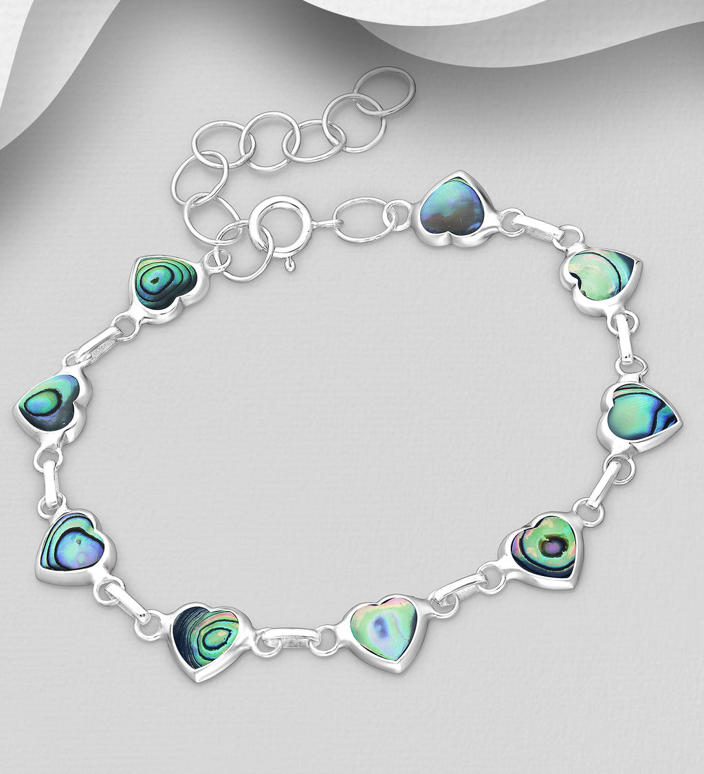 925 Sterling Silver Heart Bracelet with Mother of Pearl or Abalone Shell