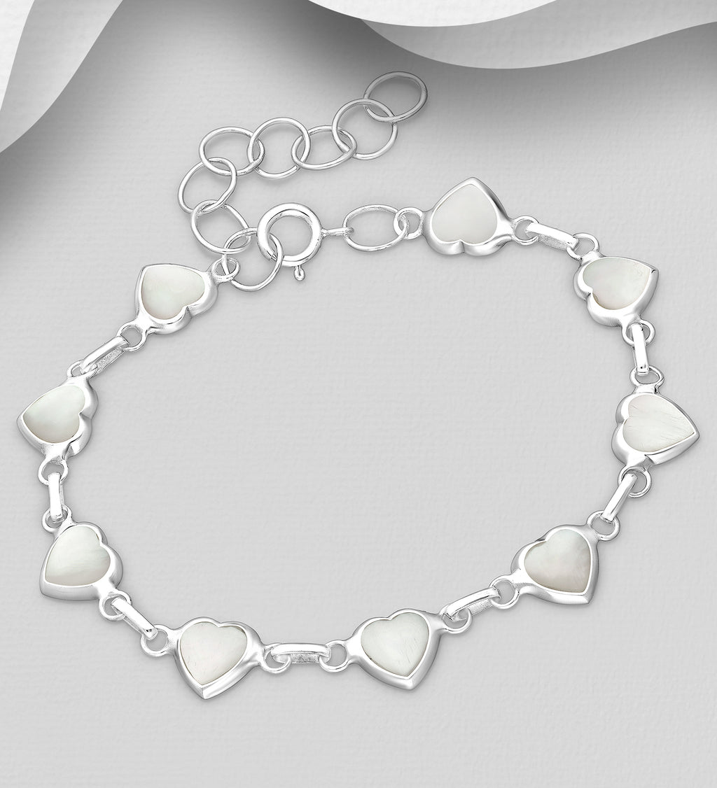 925 Sterling Silver Heart Bracelet with Mother of Pearl or Abalone Shell