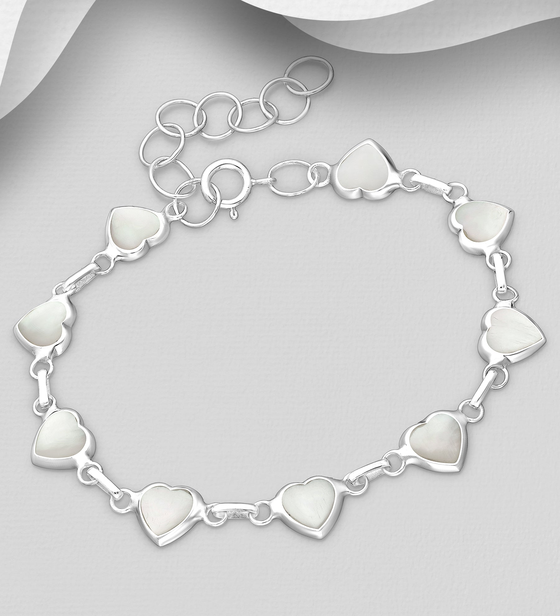 925 Sterling Silver Heart Bracelet with Mother of Pearl or Abalone Shell