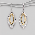 Two-tone marquise drop earrings with hammered sterling silver outer frames, polished gold-tone inner details and silver hook fittings