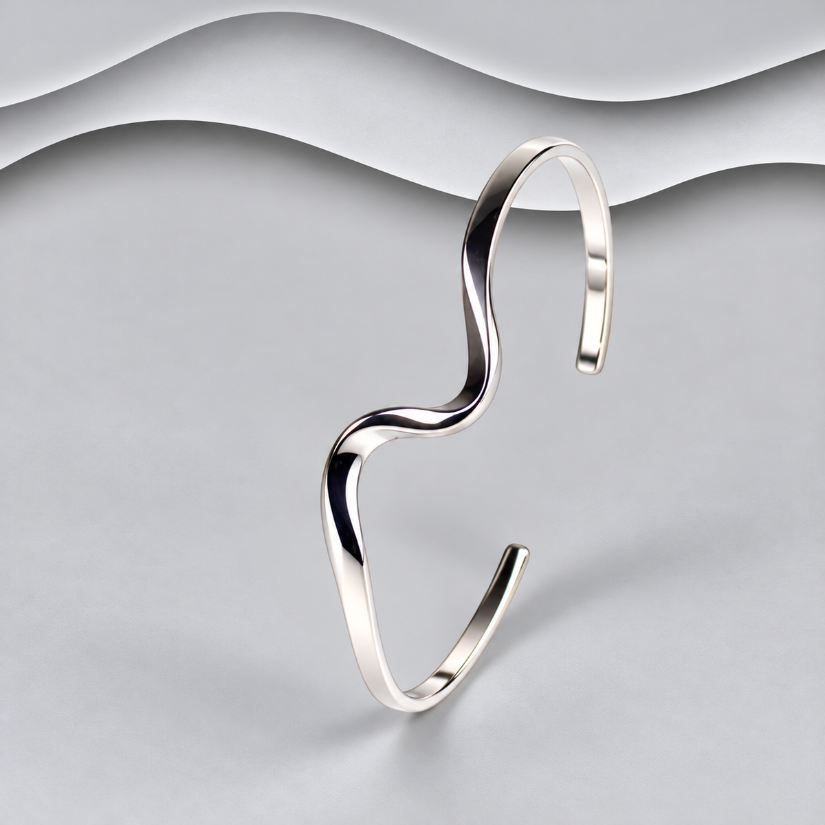 Polished 925 sterling silver open cuff bangle with flowing S-shaped wave curves