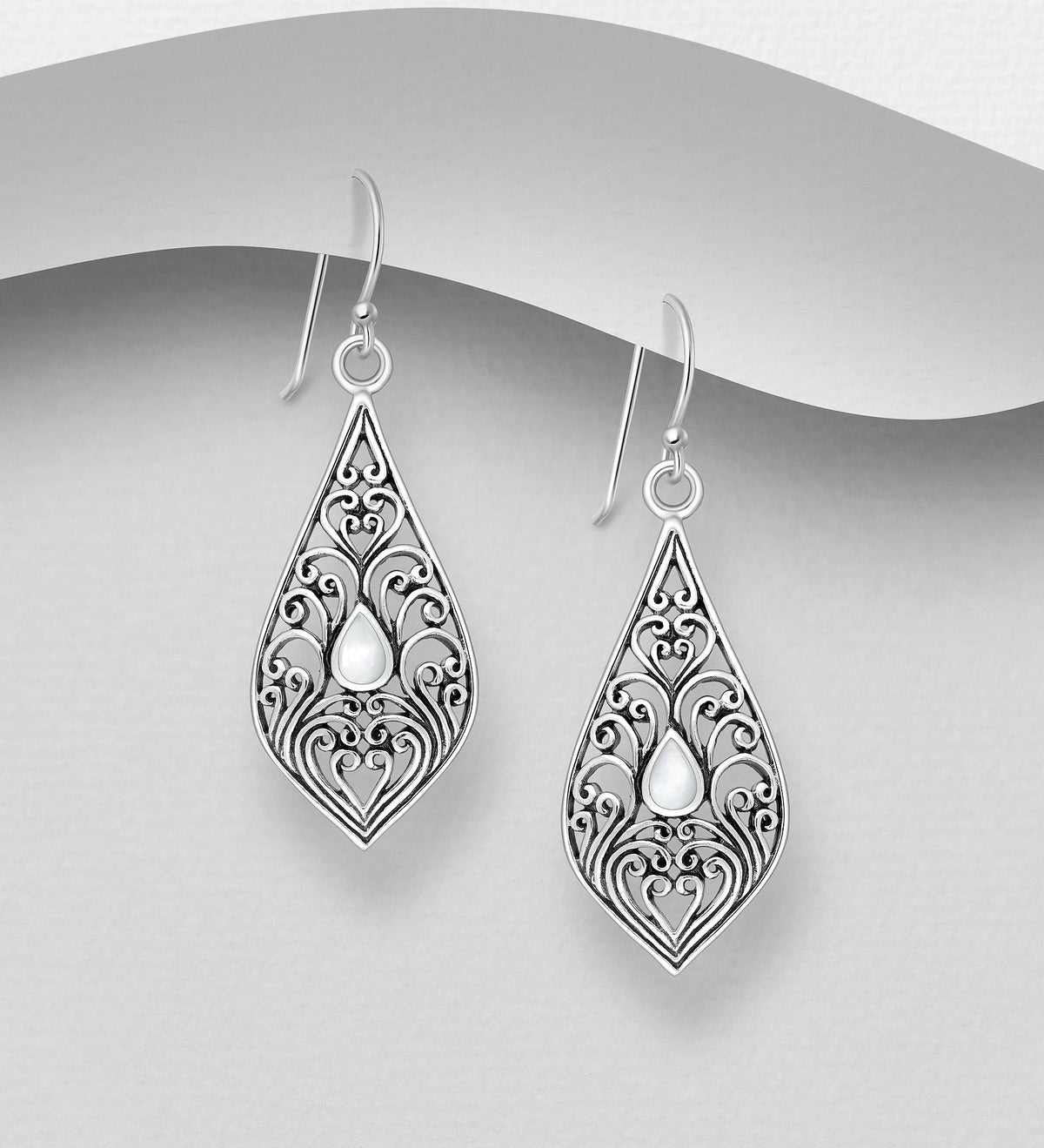 925 Sterling Silver Oxidised Filigree Swirl Hook Earrings Set with Abalone or Mother of Pearl Shell