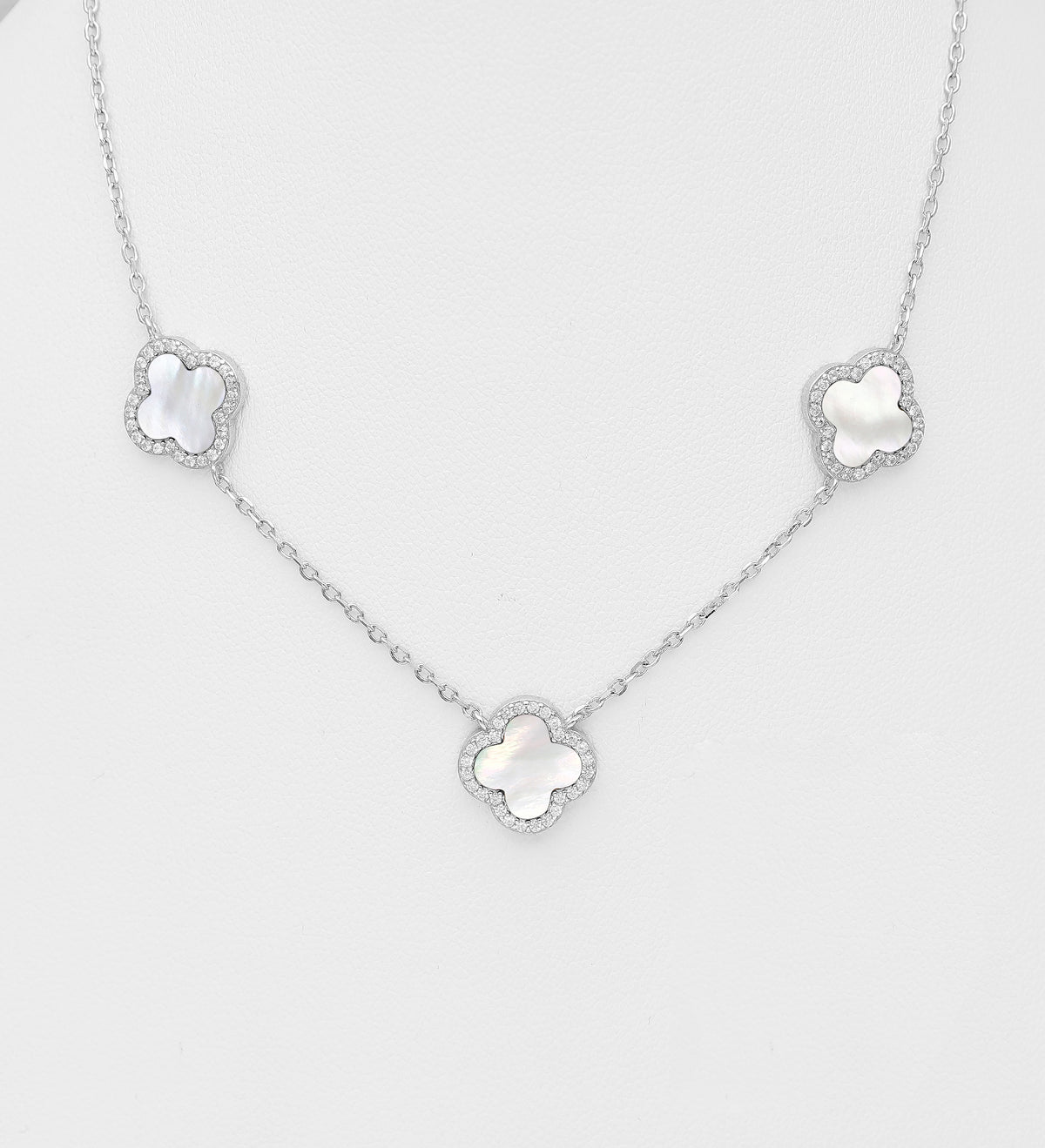 925 Sterling Silver Triple Clover Station Necklace | Mother of Pearl & Pink Mother of Pearl Shell & CZ Diamonds