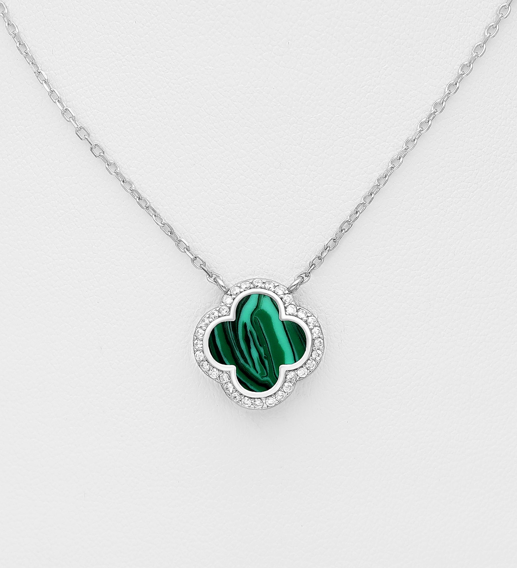 925 Sterling Silver Clover Necklace | Green Resin & CZ Diamond Halo