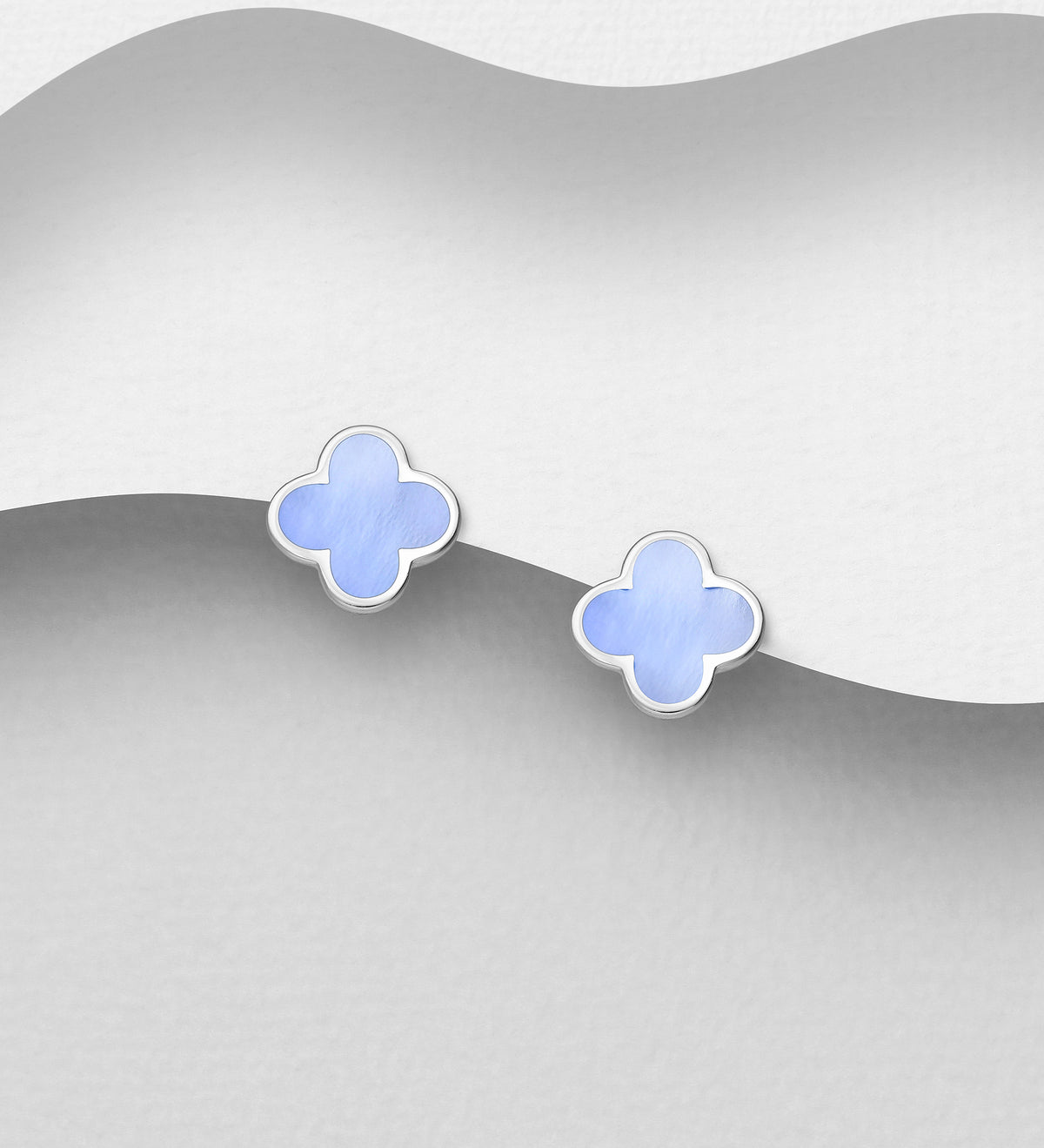 925 Sterling Silver Clover Stud Earrings, Set with Abalone Shell or Light Blue Mother of Pearl
