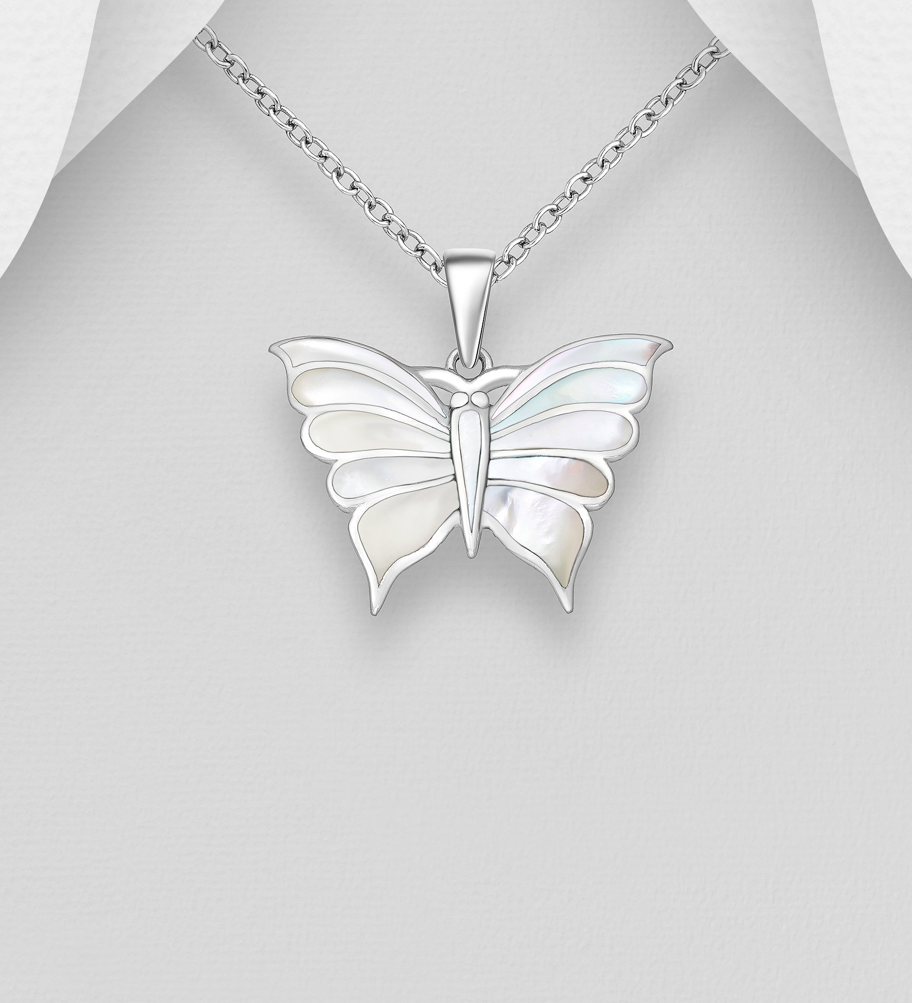925 Sterling Silver Handcrafted Butterfly Shell Pendant & Chain