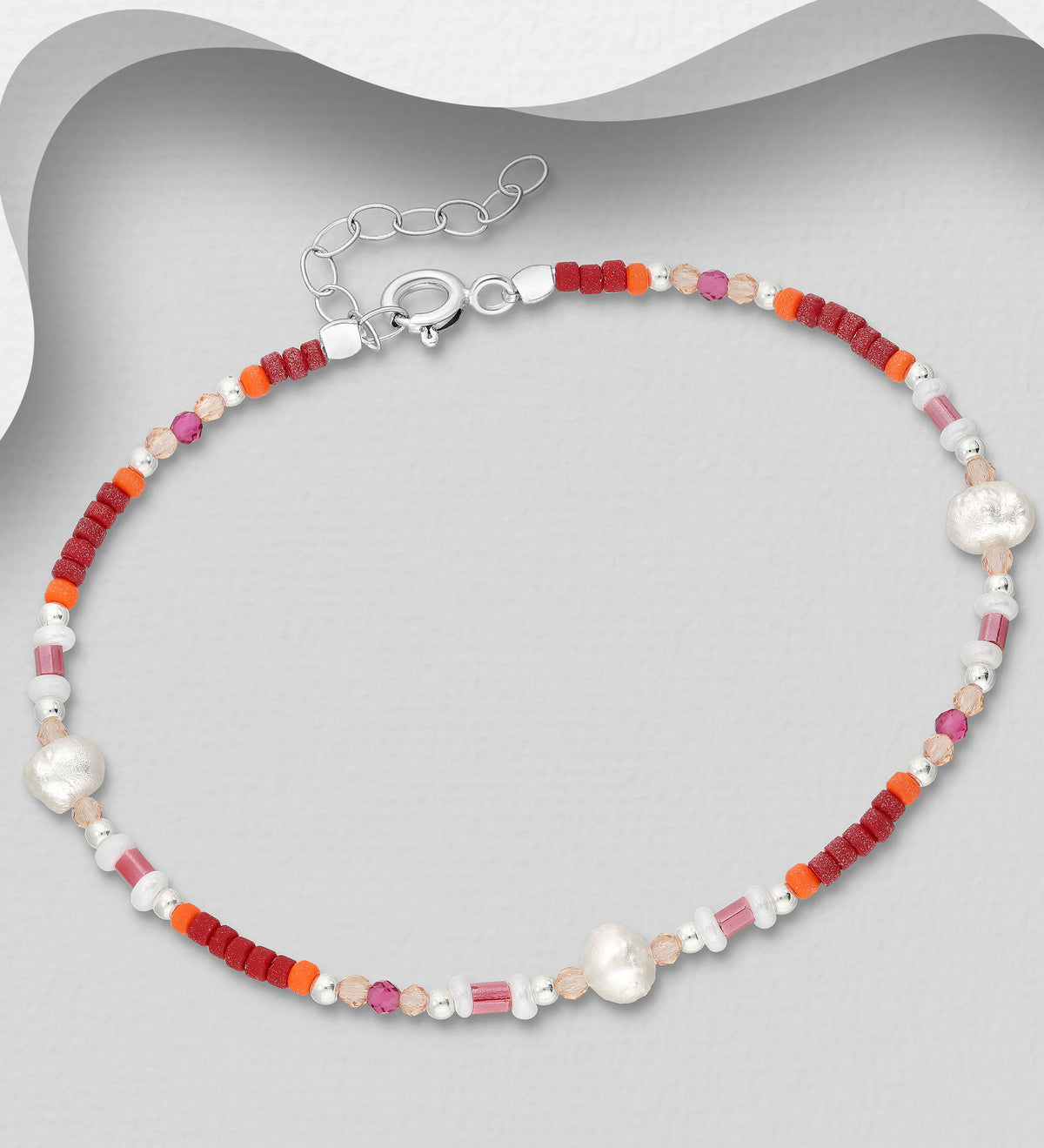 925 Sterling Silver Freshwater Pearl, Crystal Glass & Seed Bead Bracelet