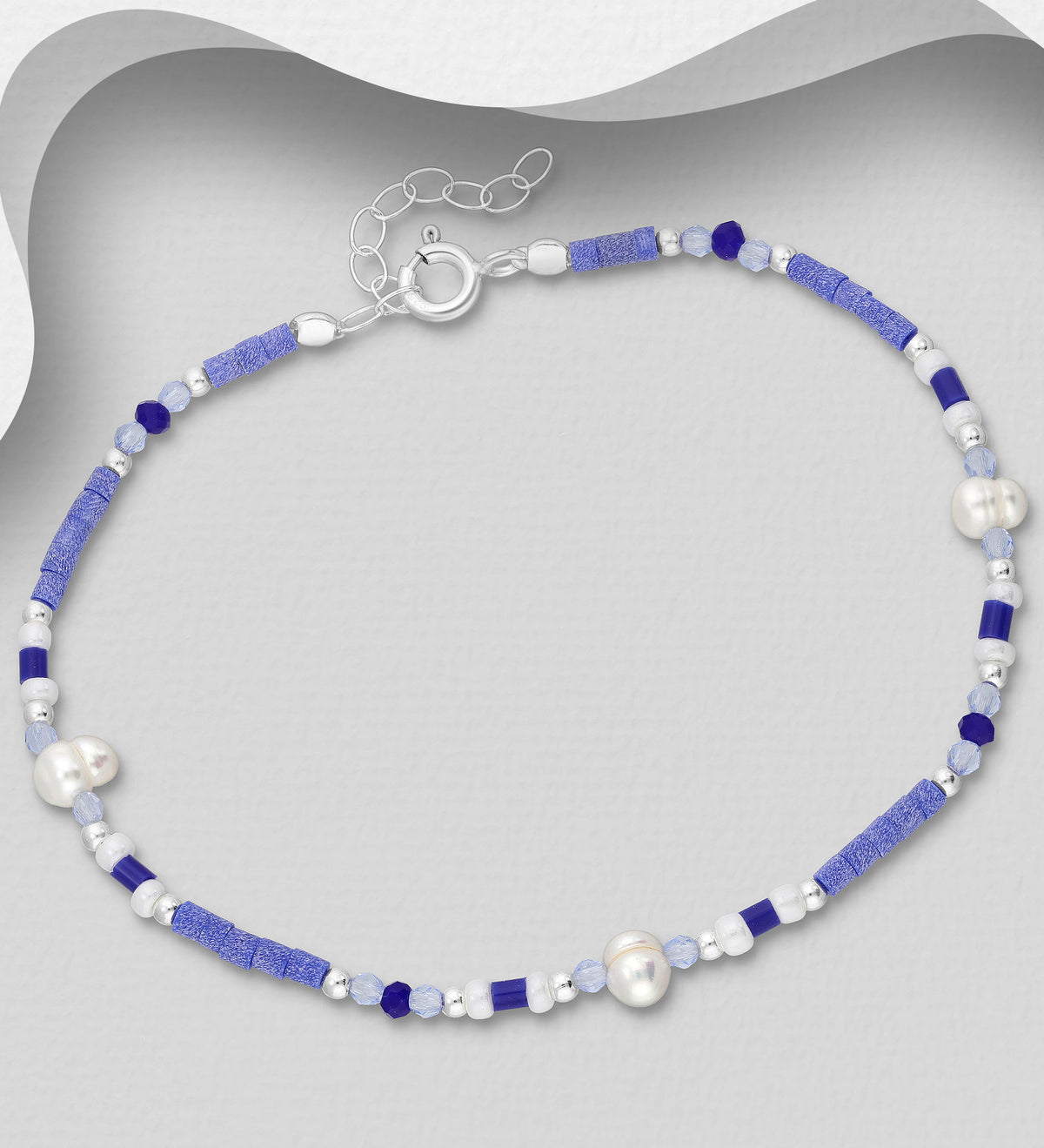 925 Sterling Silver Freshwater Pearl, Crystal Glass & Seed Bead Bracelet