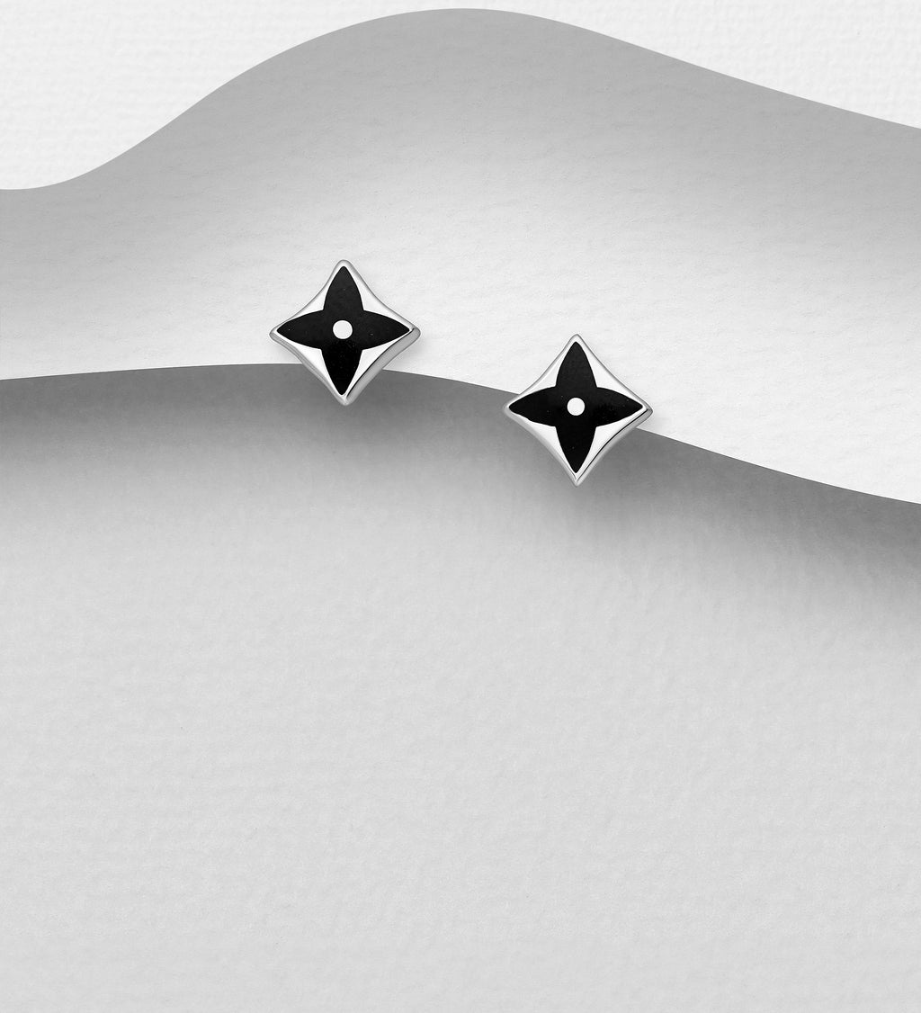 925 Sterling Silver Four-Point Star Push-Back Earrings with Turquoise or Black Resin