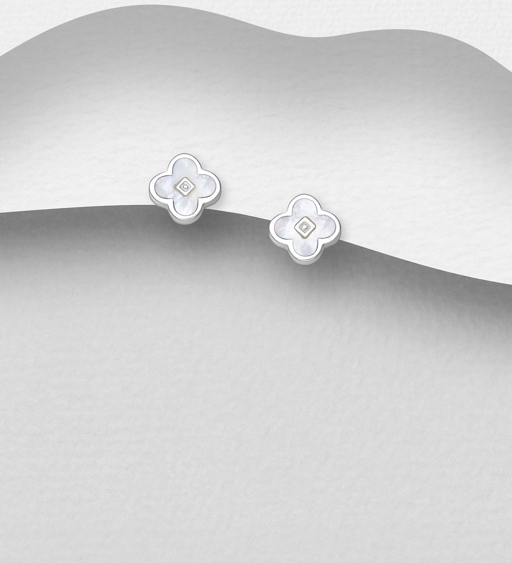 Van Cleef Inspired 925 Sterling Silver Clover Push-Back Earrings with Shell Embellishment – Three Shell Colours