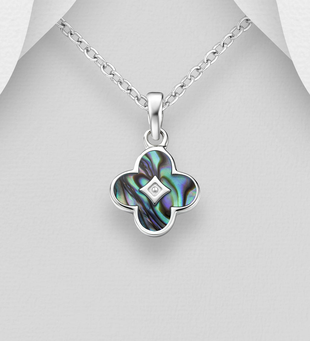 Van Cleef Inspired 925 Sterling Silver Clover Pendant & Chain with Mother of Pearl or Abalone Shell Detail