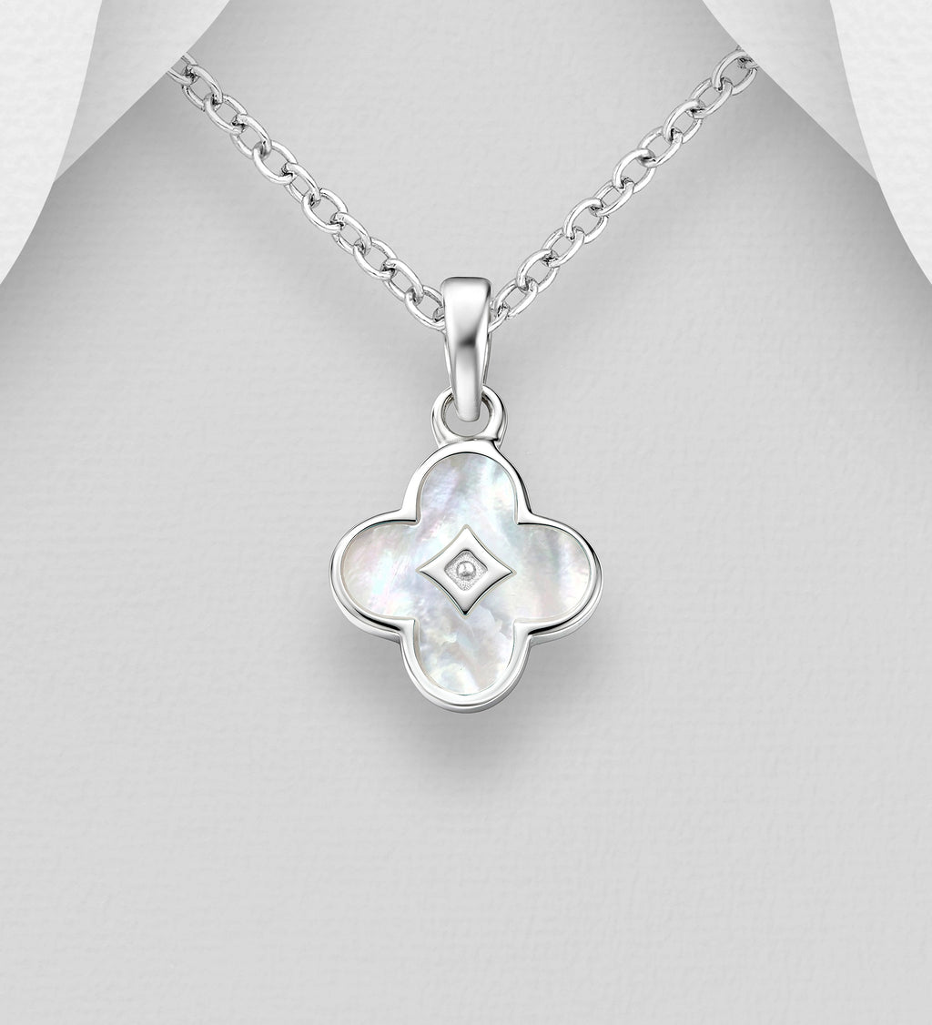 Van Cleef Inspired 925 Sterling Silver Clover Pendant & Chain with Mother of Pearl or Abalone Shell Detail