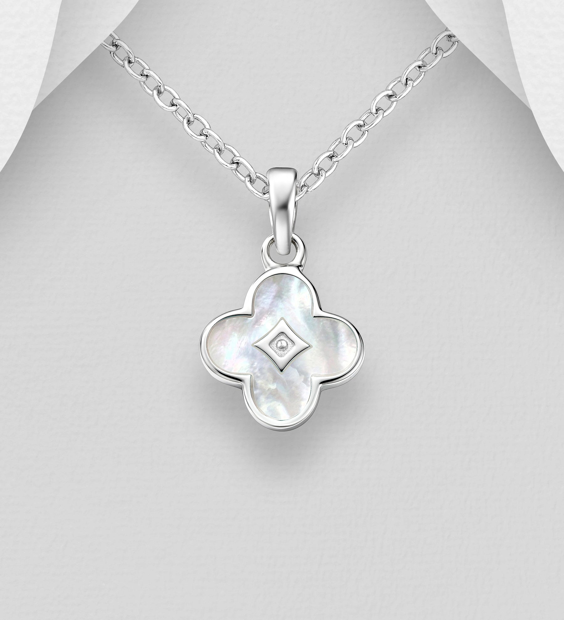 Van Cleef Inspired 925 Sterling Silver Clover Pendant & Chain with Mother of Pearl or Abalone Shell Detail