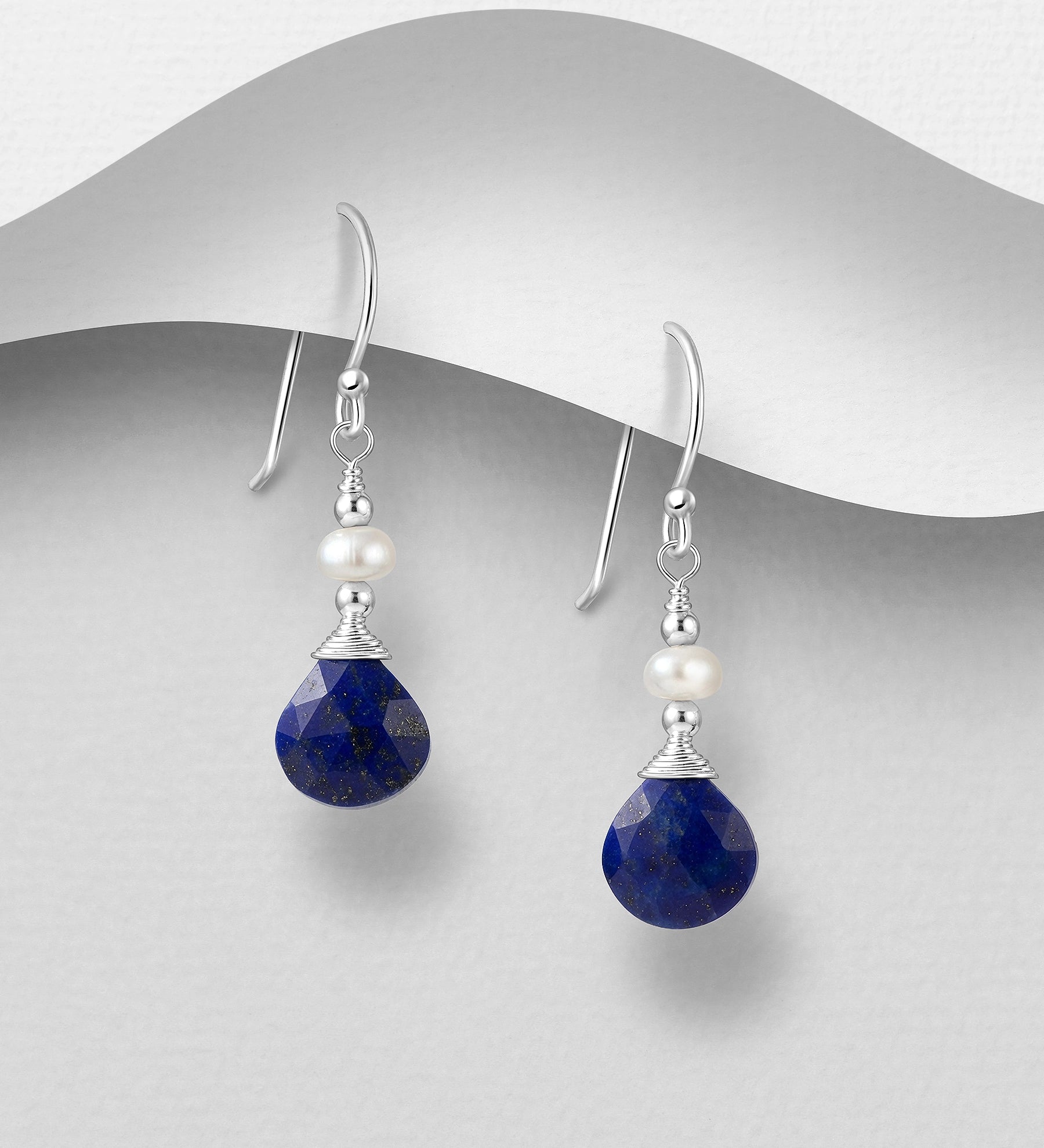 Hand Crafted 925 Sterling Silver Hook Earrings with Lapis Lazuli & Freshwater Pearl Beads
