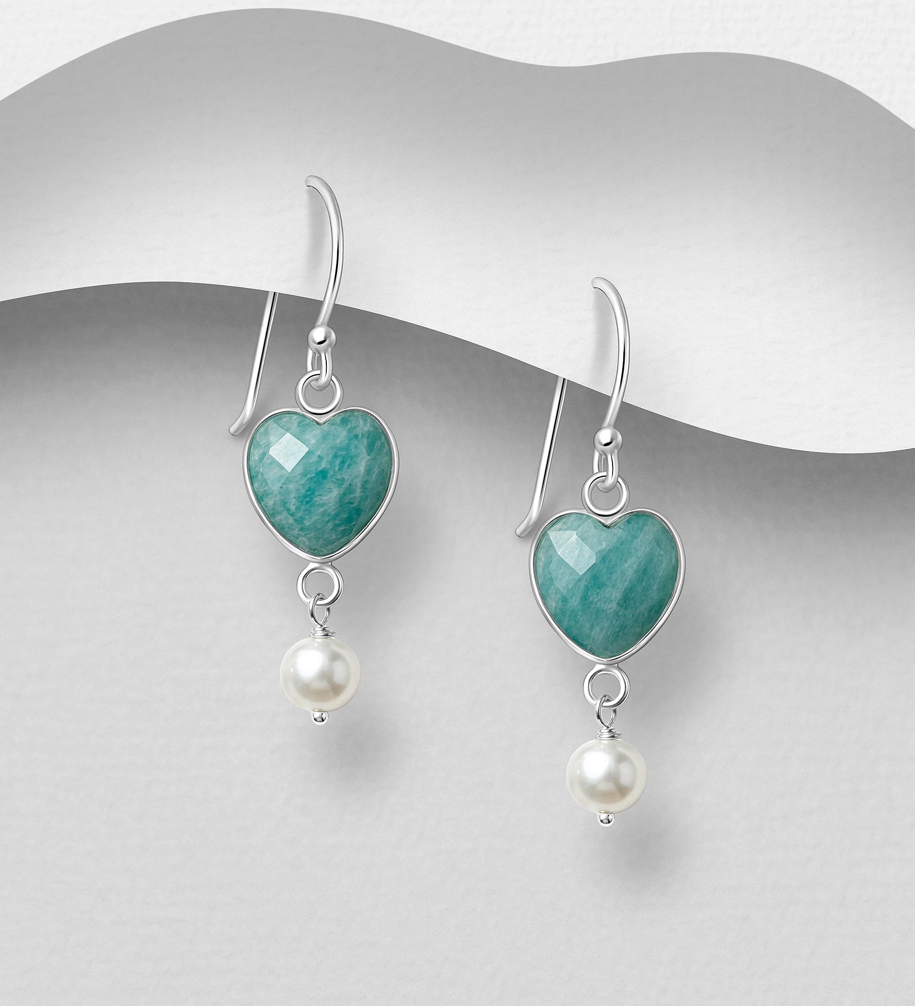 925 Sterling Silver Heart Hook Earrings Beaded with Amazonite & Freshwater Pearls