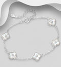 Van Cleef Inspired 925 Sterling Silver Clover Bracelet with CZ Diamond & Mother of Pearl