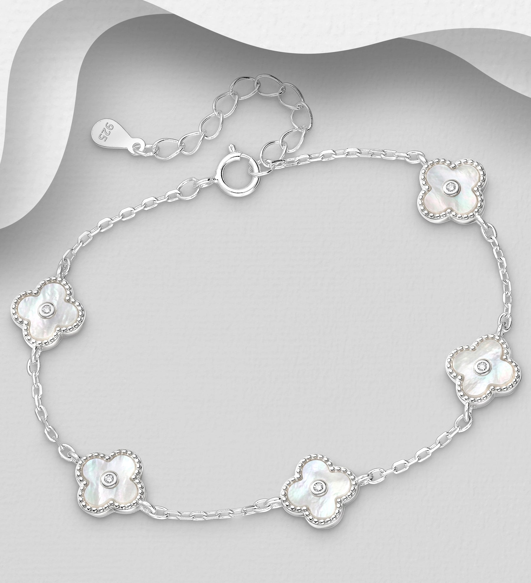 Van Cleef Inspired 925 Sterling Silver Clover Bracelet with CZ Diamond & Mother of Pearl
