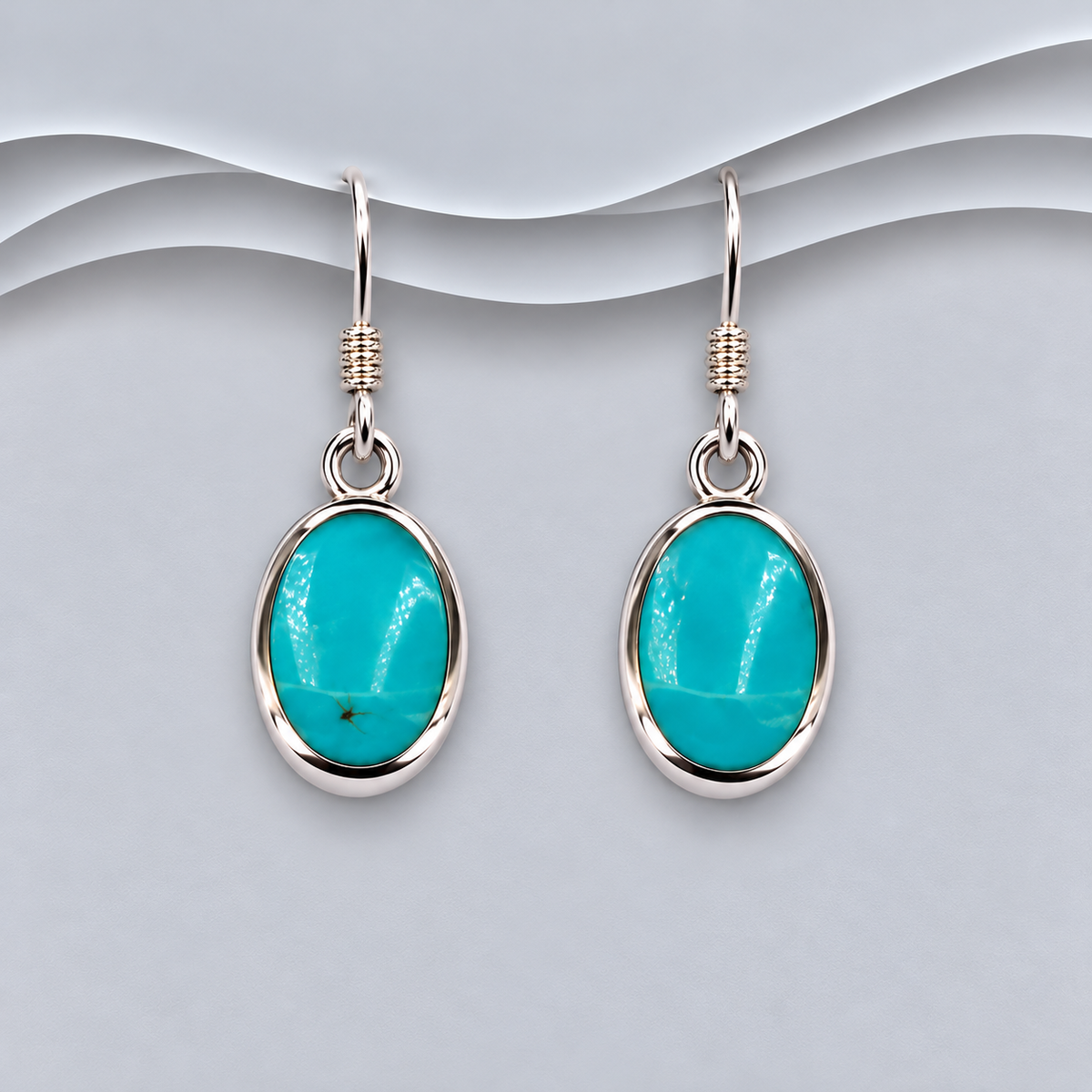 925 Sterling Silver Hook/Drop Oval Earrings  Decorated with Light Blue Resin