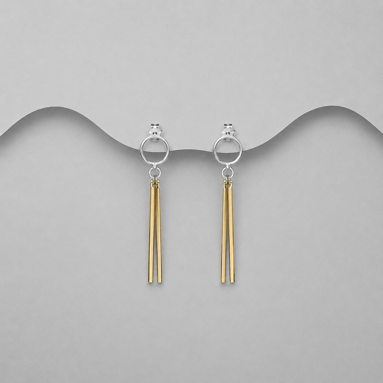 18ct Yellow Gold & 925 Sterling Silver Two Tone Double Bar Drop Earrings