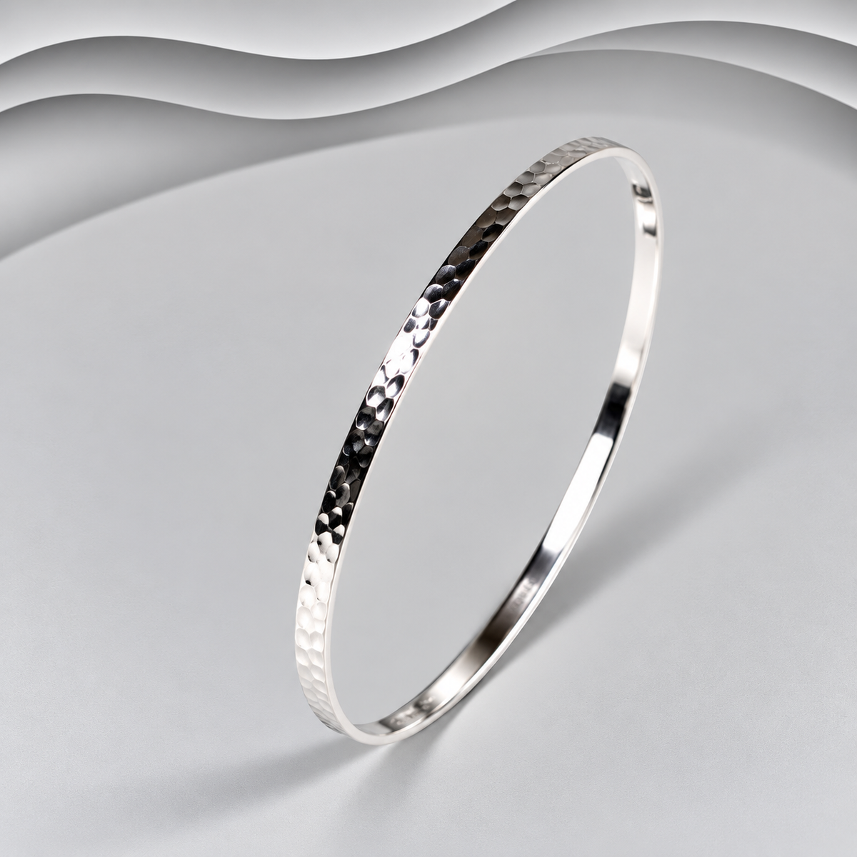 Delicate Shimmer: Handcrafted Solid 925 Sterling Silver Hammered Bangle, 3mm