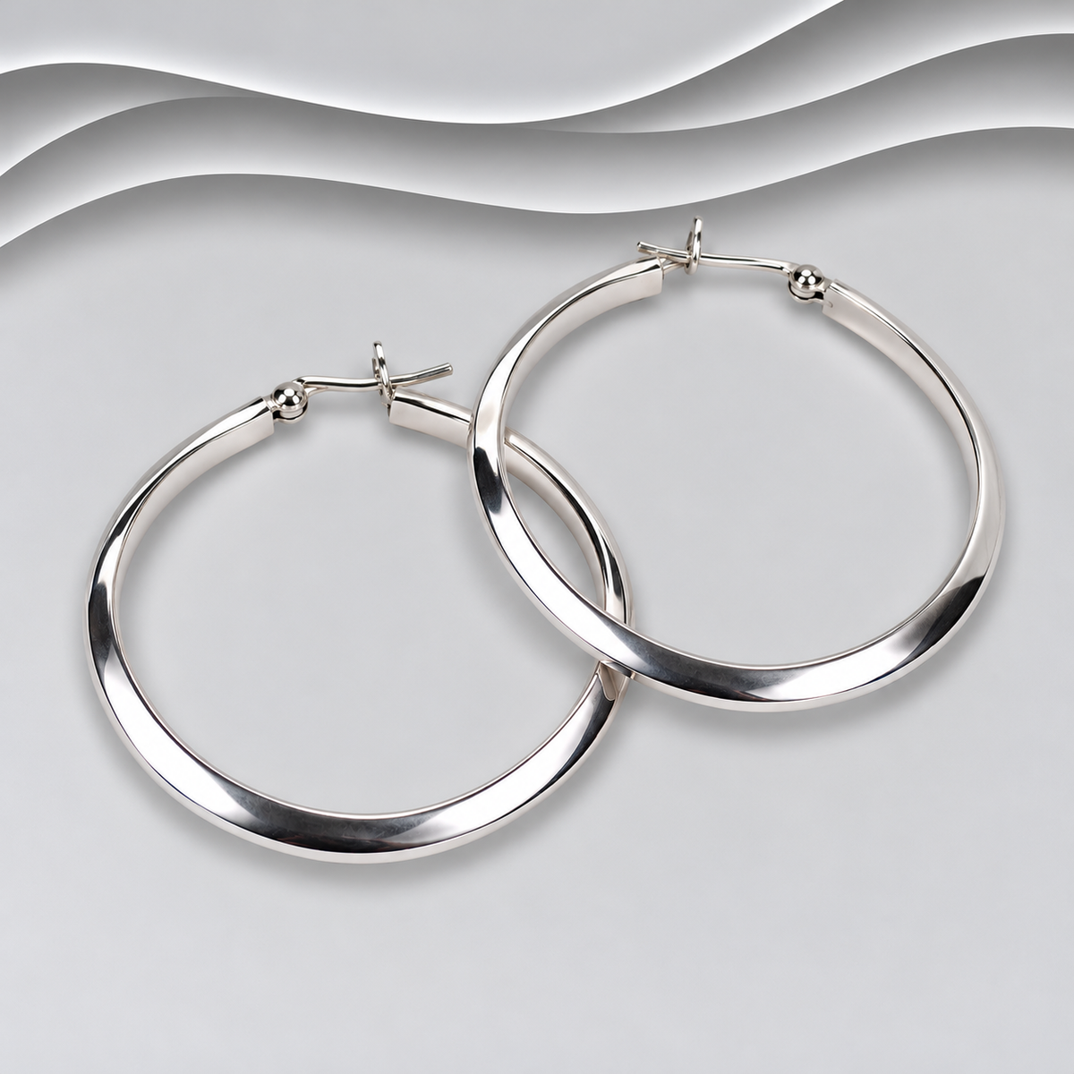 Pair of large polished 925 sterling silver round hoop earrings with hinged post and catch fastenings