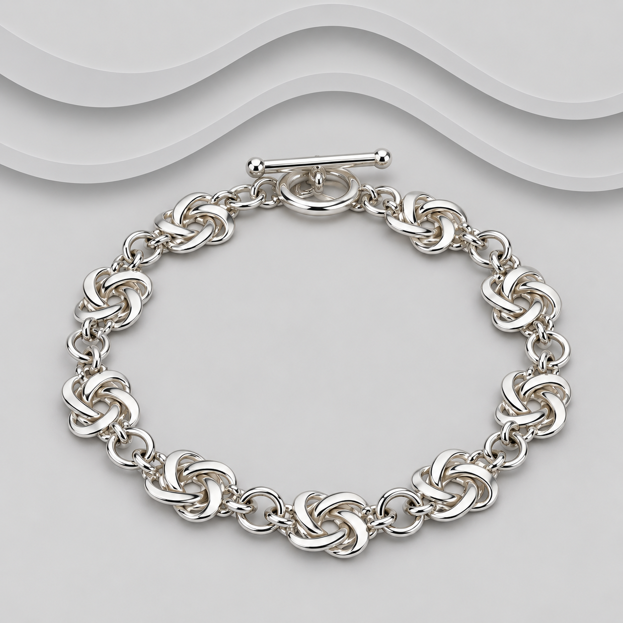 Solid Flat Knot 925 Sterling Silver Handcrafted Bracelet with T-Bar Clasp