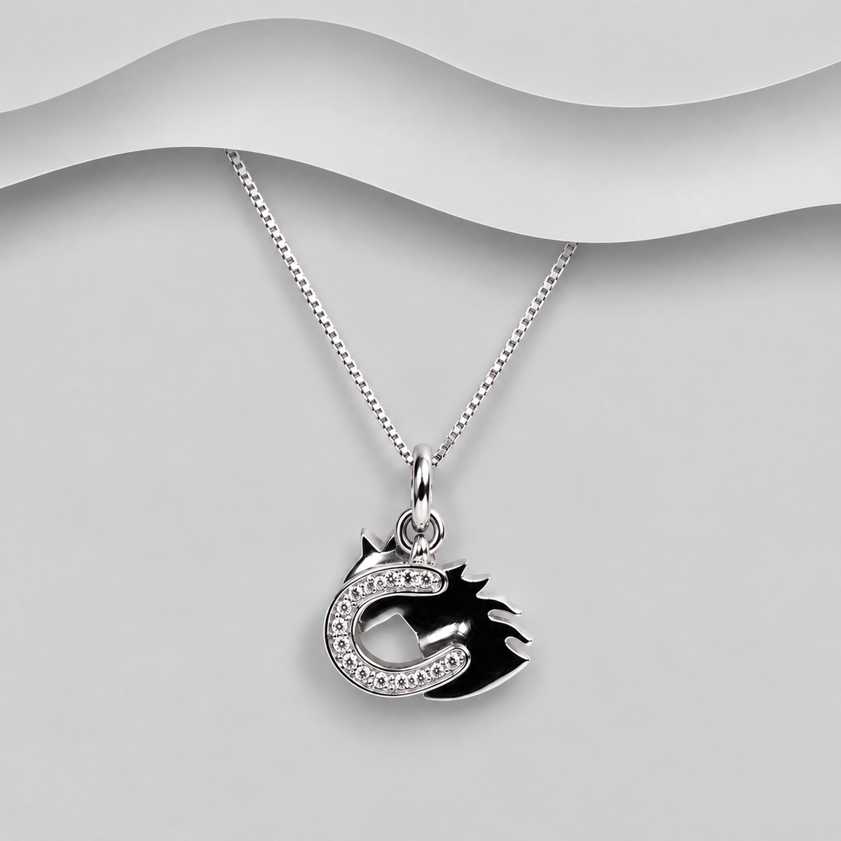 925 Sterling Silver CZ Horseshoe & Horse’s Head Pendant & Chain