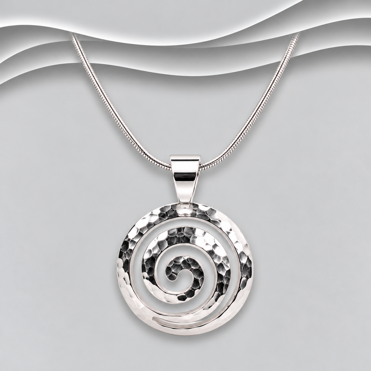925 Sterling Silver Handcrafted Hammered Spiral Pendant & Chain - Exclusive