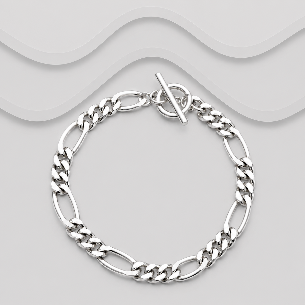 Solid 925 Sterling Silver Figaro Bracelet with T-Bar Clasp